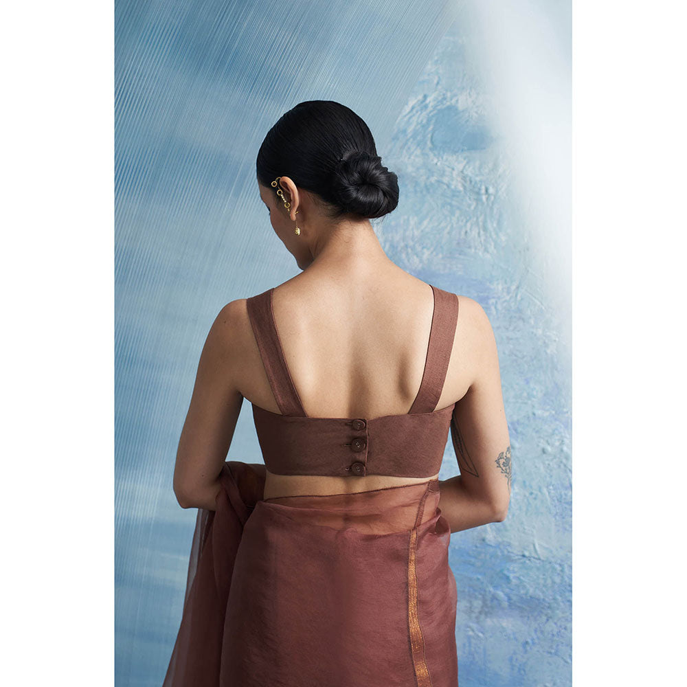 Charkhee Aura Woody Brown Saree With Sleeveless Stitched Blouse