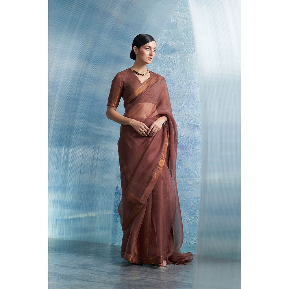 Charkhee Aura Woody Brown Saree With-Sleeve Stitched Blouse
