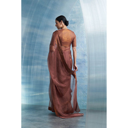 Charkhee Aura Woody Brown Saree With-Sleeve Stitched Blouse
