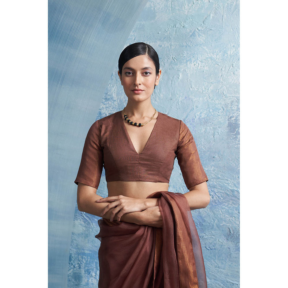 Charkhee Aura Woody Brown Saree With-Sleeve Stitched Blouse