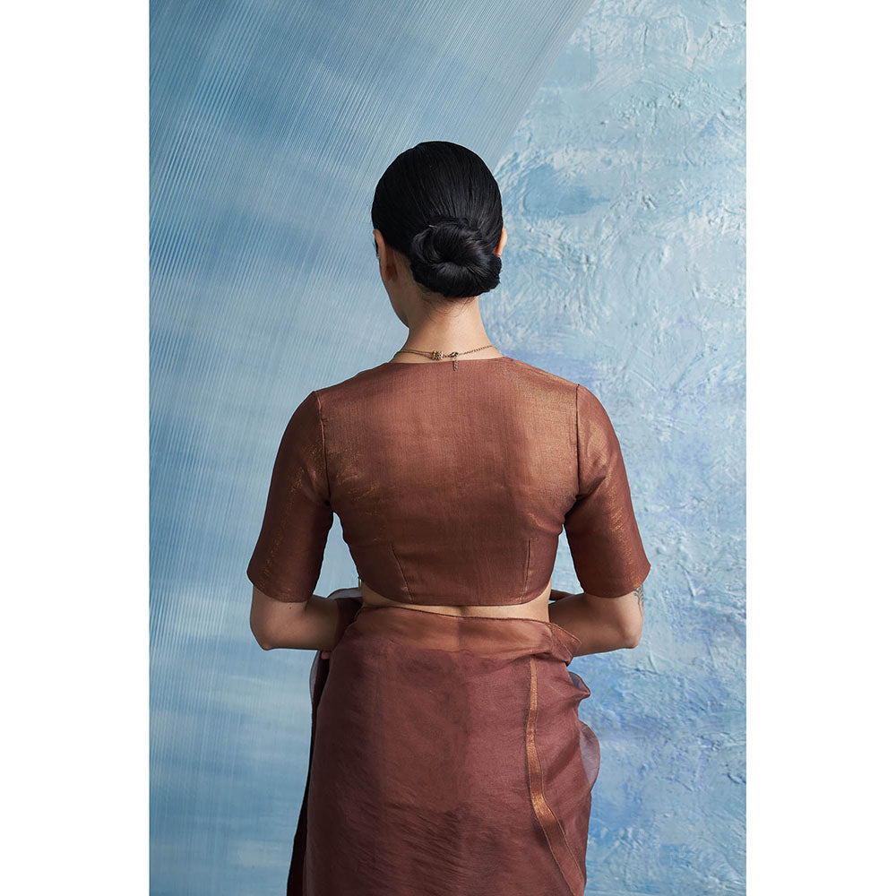 Charkhee Aura Woody Brown Saree With-Sleeve Stitched Blouse