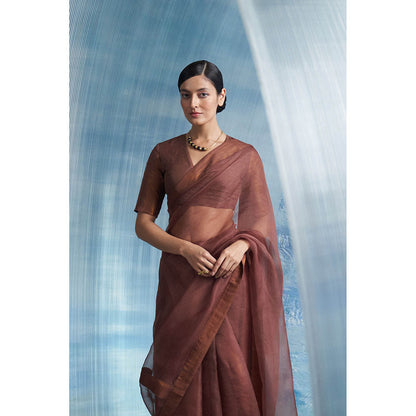 Charkhee Aura Woody Brown Saree With-Sleeve Stitched Blouse