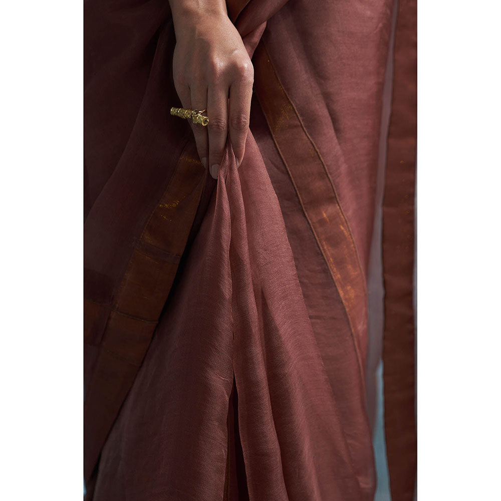 Charkhee Aura Woody Brown Saree With-Sleeve Stitched Blouse