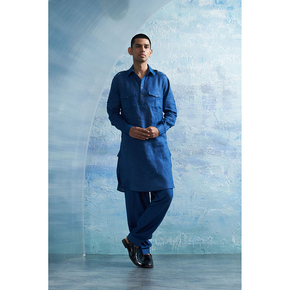 Charkhee Aura Royal Blue Linen Pathani Kurta with Salwar (Set of 2)