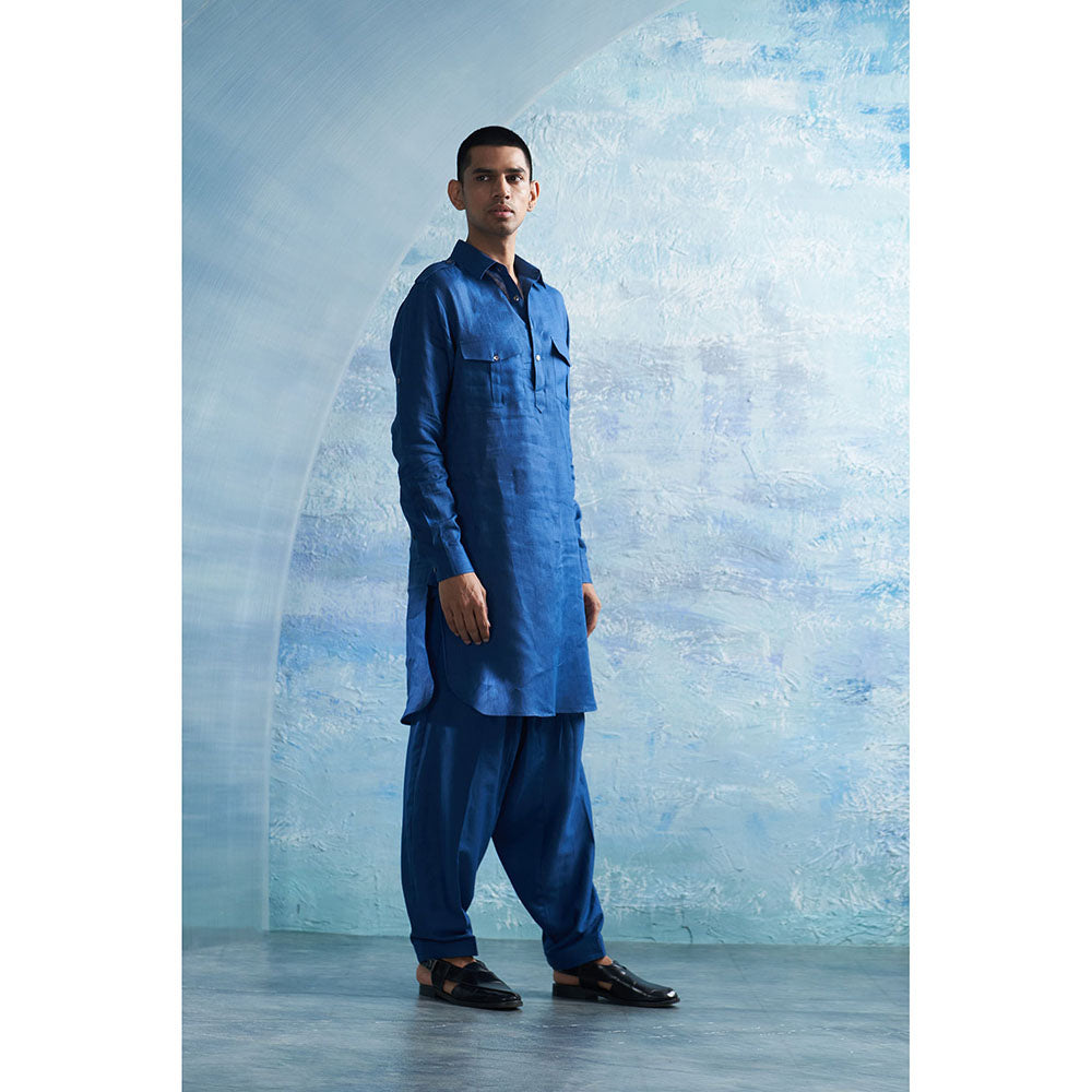 Charkhee Aura Royal Blue Linen Pathani Kurta with Salwar (Set of 2)