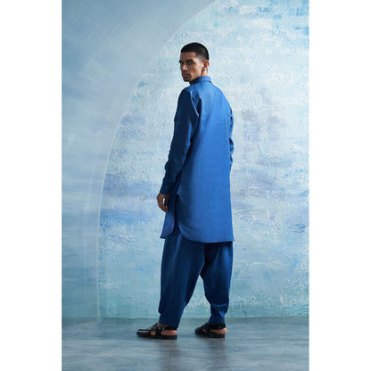 Charkhee Aura Royal Blue Linen Pathani Kurta with Salwar (Set of 2)