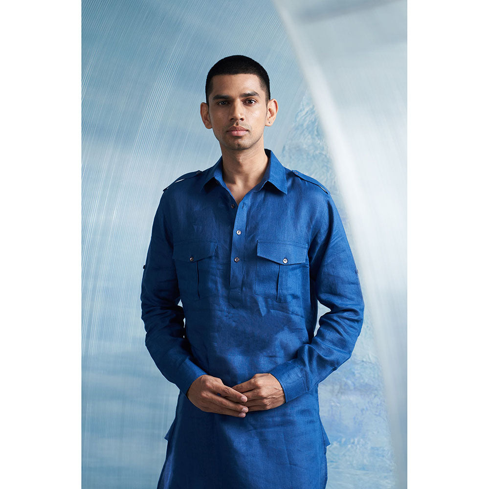 Charkhee Aura Royal Blue Linen Pathani Kurta with Salwar (Set of 2)