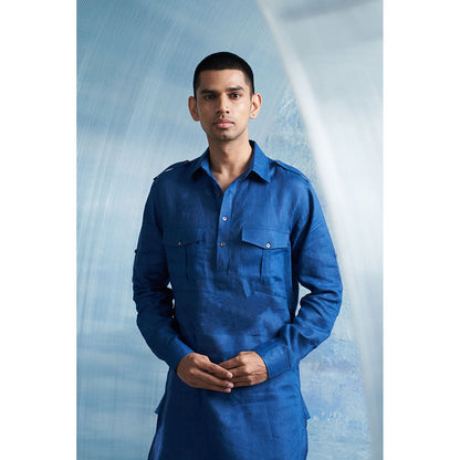 Charkhee Aura Royal Blue Linen Pathani Kurta with Salwar (Set of 2)