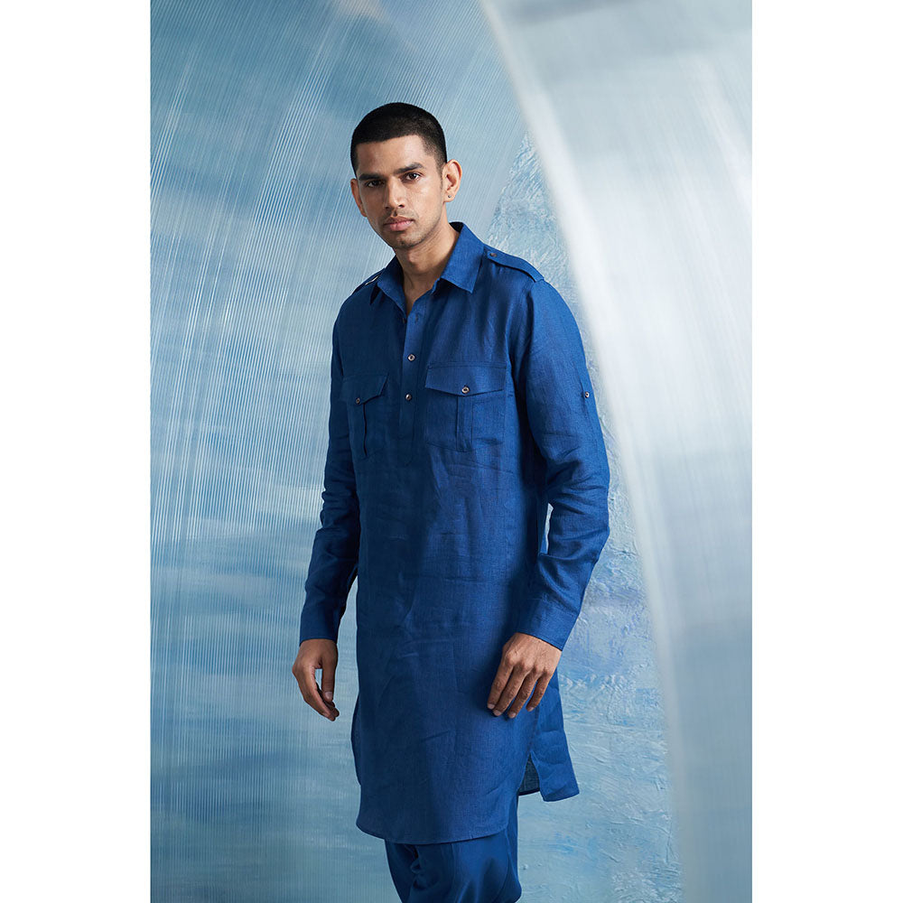 Charkhee Aura Royal Blue Linen Pathani Kurta with Salwar (Set of 2)