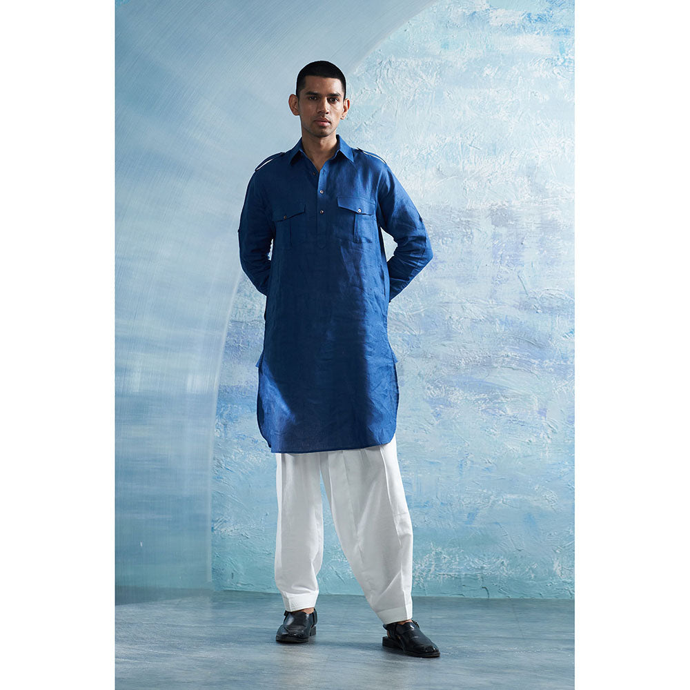 Charkhee Royal Blue Linen Pathani Kurta with White Salwar (Set of 2)