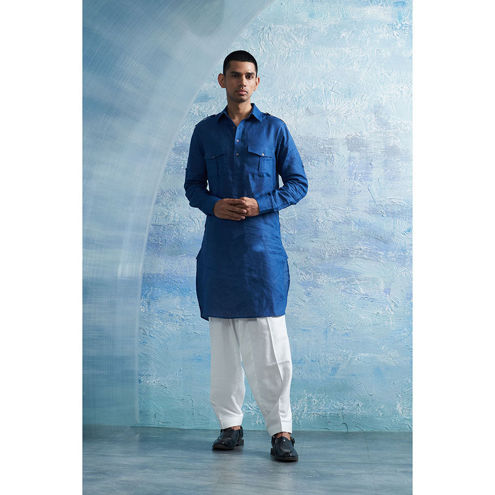 Charkhee Royal Blue Linen Pathani Kurta with White Salwar (Set of 2)