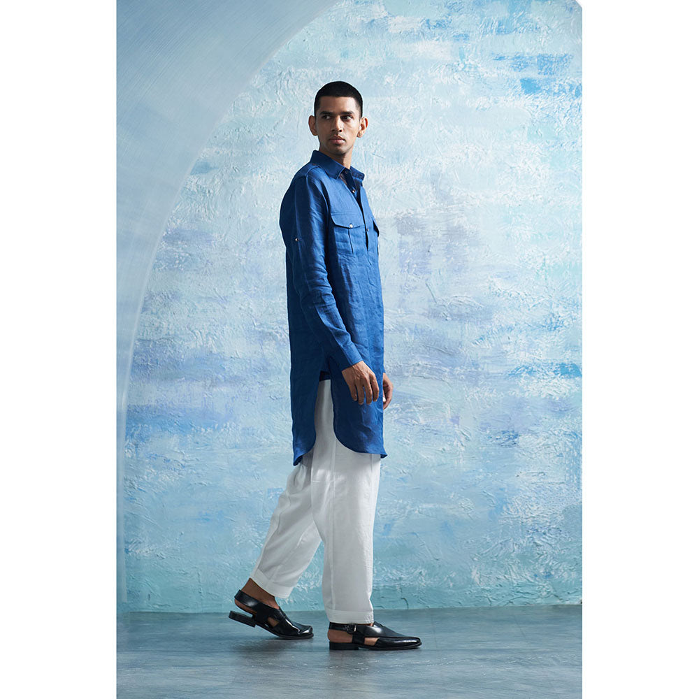 Charkhee Royal Blue Linen Pathani Kurta with White Salwar (Set of 2)