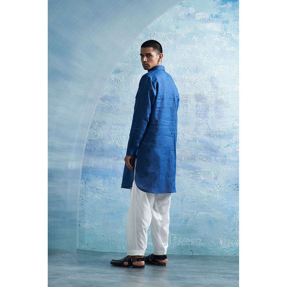 Charkhee Royal Blue Linen Pathani Kurta with White Salwar (Set of 2)
