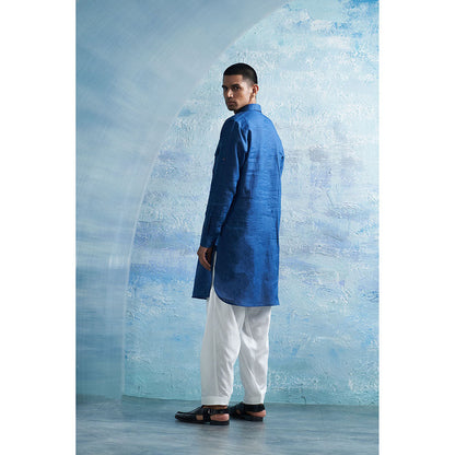 Charkhee Royal Blue Linen Pathani Kurta with White Salwar (Set of 2)