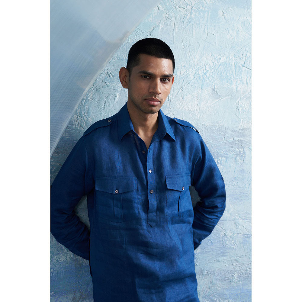 Charkhee Royal Blue Linen Pathani Kurta with White Salwar (Set of 2)