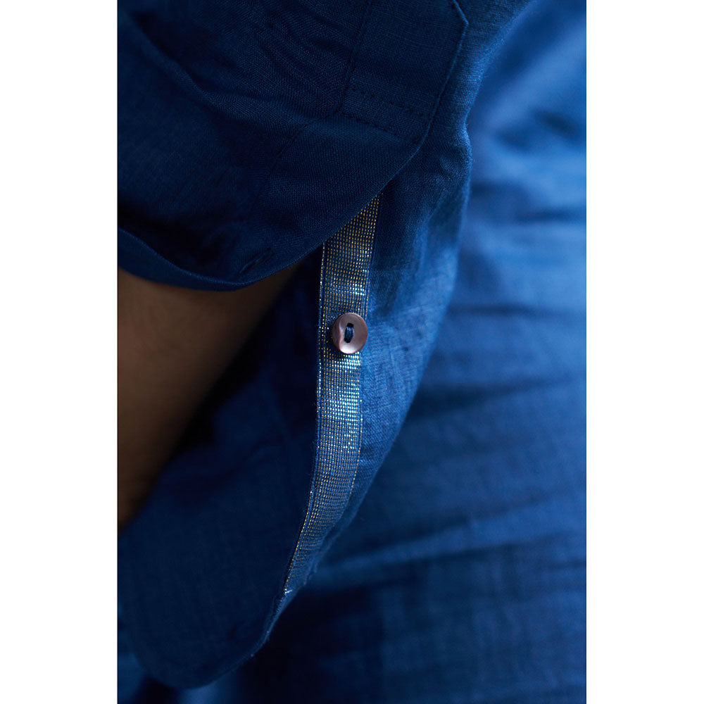 Charkhee Royal Blue Linen Pathani Kurta with White Salwar (Set of 2)