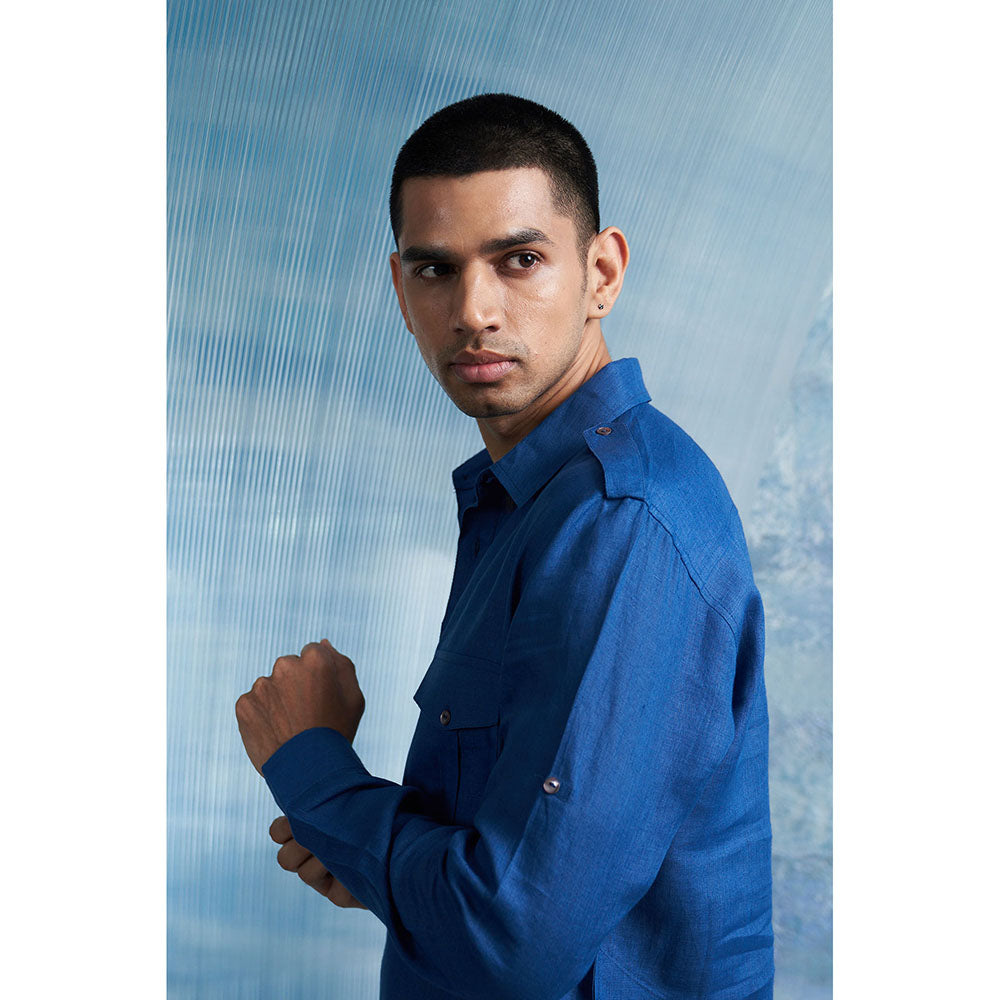 Charkhee Royal Blue Linen Pathani Kurta with White Salwar (Set of 2)