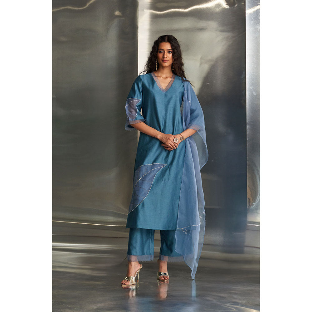 Charkhee Steel Blue Chanderi Straight Kurta with Pant & Dupatta (Set of 3)