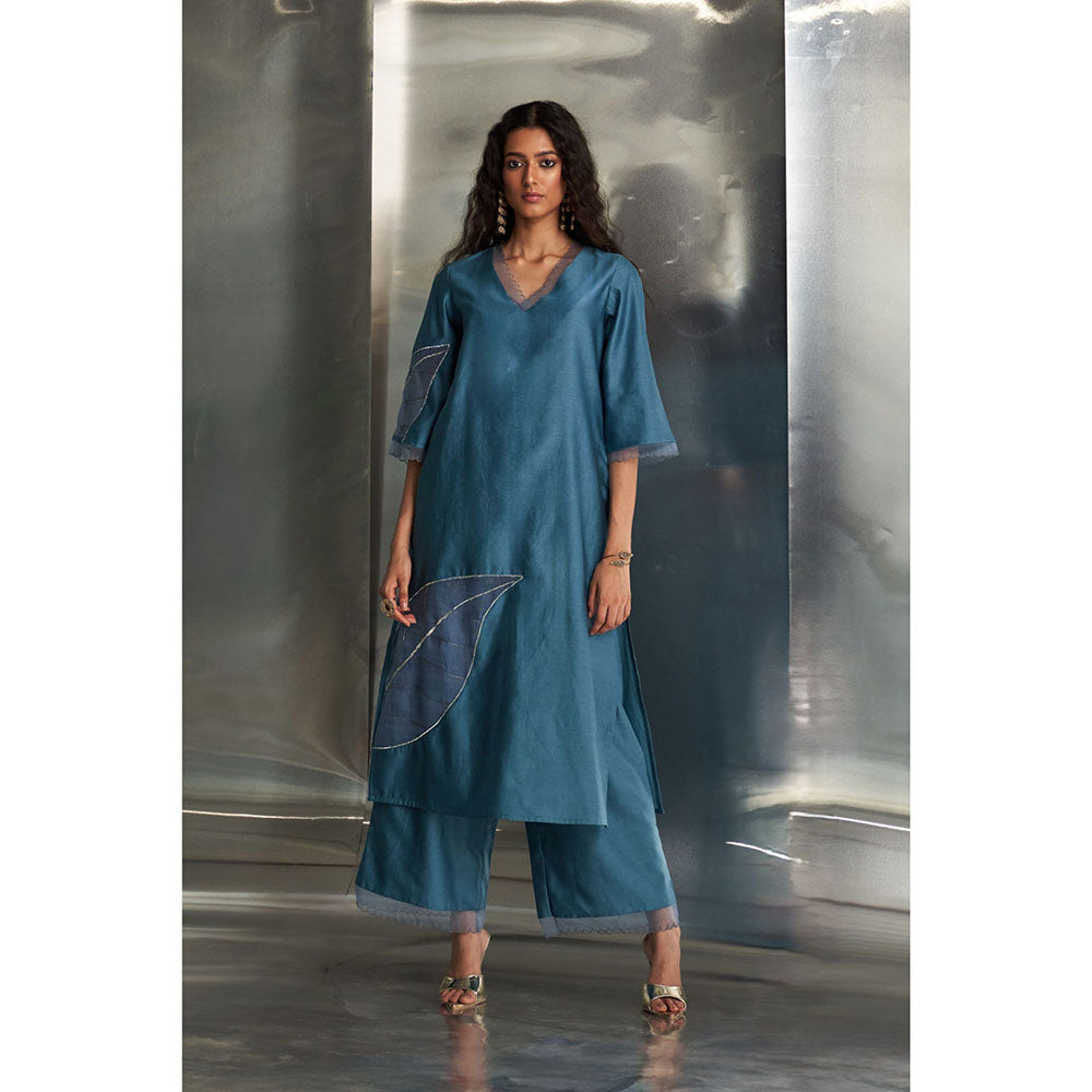 Charkhee Steel Blue Chanderi Straight Kurta with Pant & Dupatta (Set of 3)