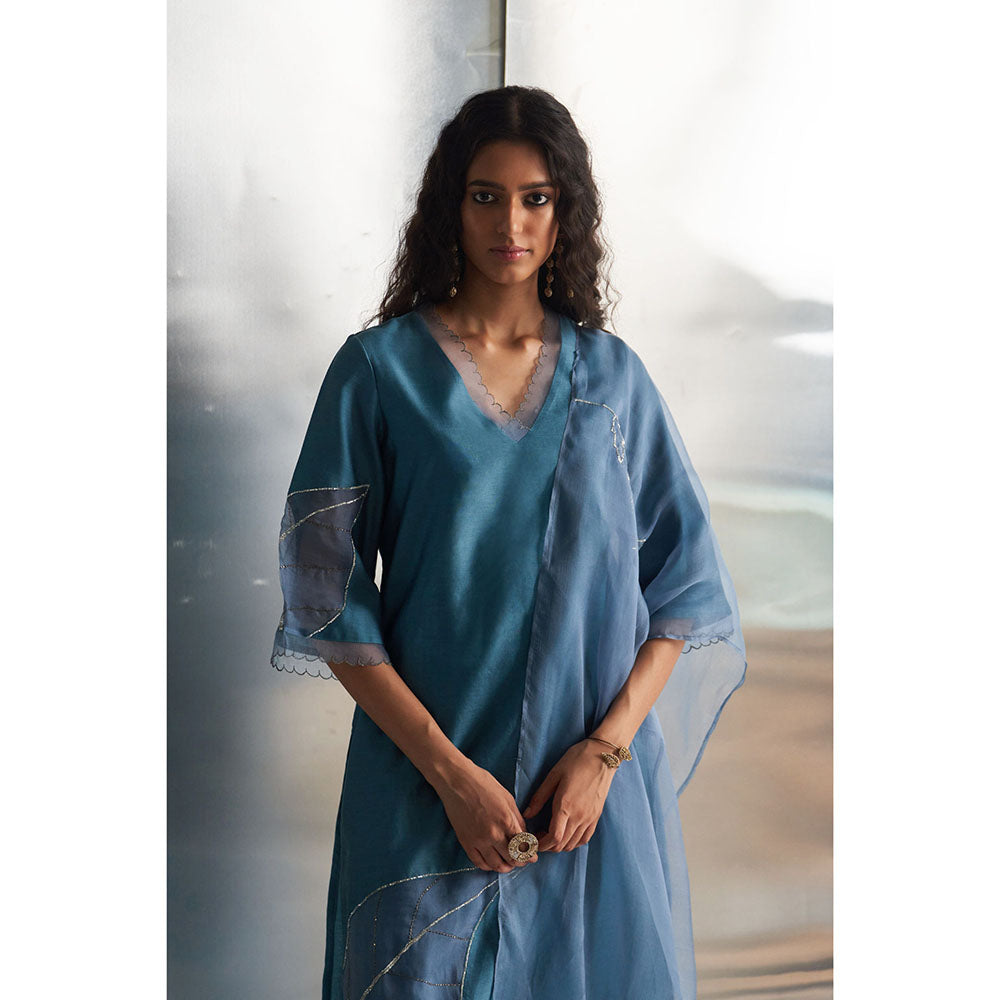 Charkhee Steel Blue Chanderi Straight Kurta with Pant & Dupatta (Set of 3)