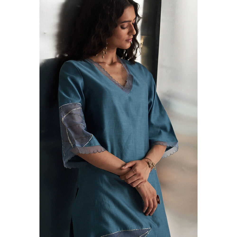 Charkhee Steel Blue Chanderi Straight Kurta with Pant & Dupatta (Set of 3)