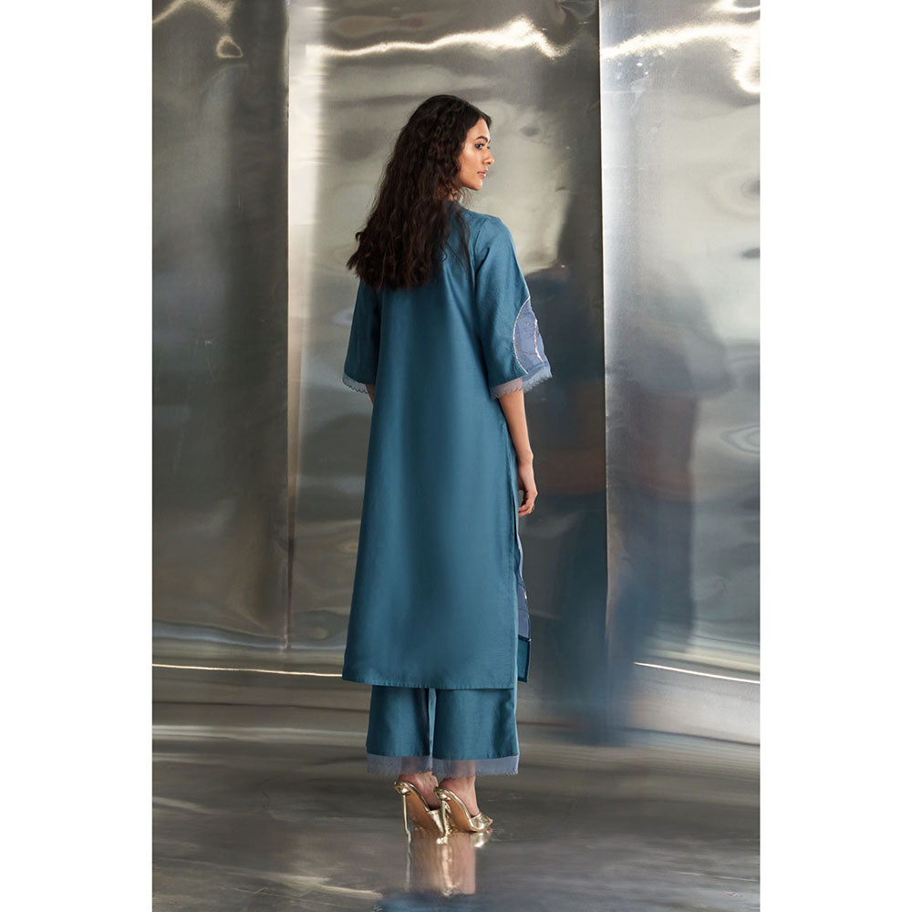 Charkhee Steel Blue Chanderi Straight Kurta with Pant & Dupatta (Set of 3)