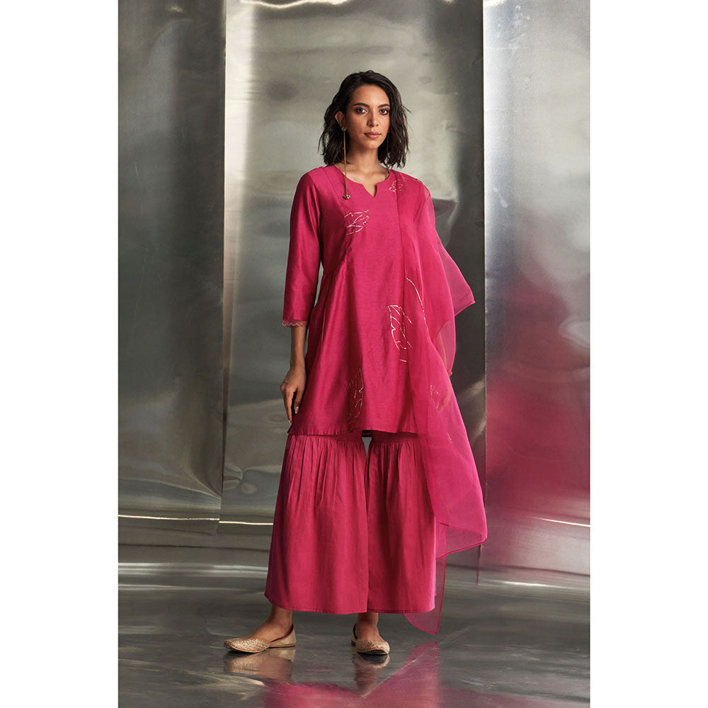 Charkhee Pop Pink Chanderi Straight Kurta with Sharara & Dupatta (Set of 3)