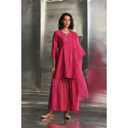 Charkhee Pop Pink Chanderi Straight Kurta with Sharara & Dupatta (Set of 3)