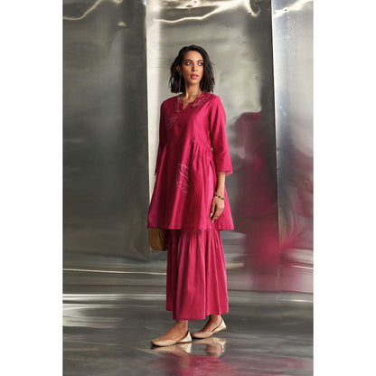Charkhee Pop Pink Chanderi Straight Kurta with Sharara & Dupatta (Set of 3)