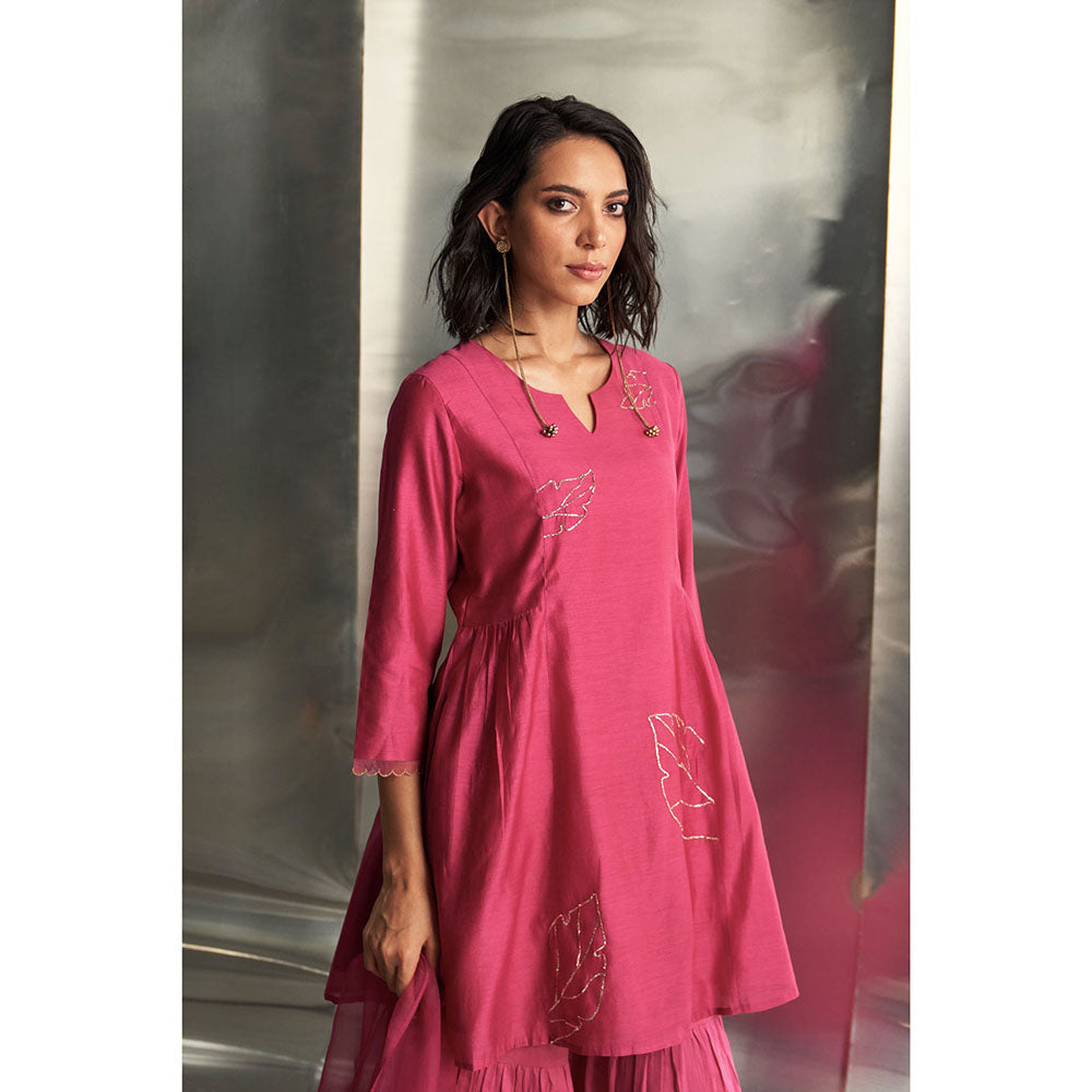 Charkhee Pop Pink Chanderi Straight Kurta with Sharara & Dupatta (Set of 3)