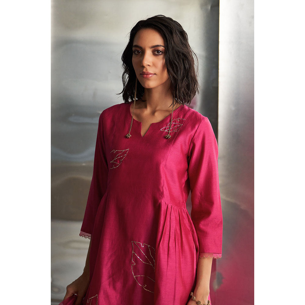 Charkhee Pop Pink Chanderi Straight Kurta with Sharara & Dupatta (Set of 3)