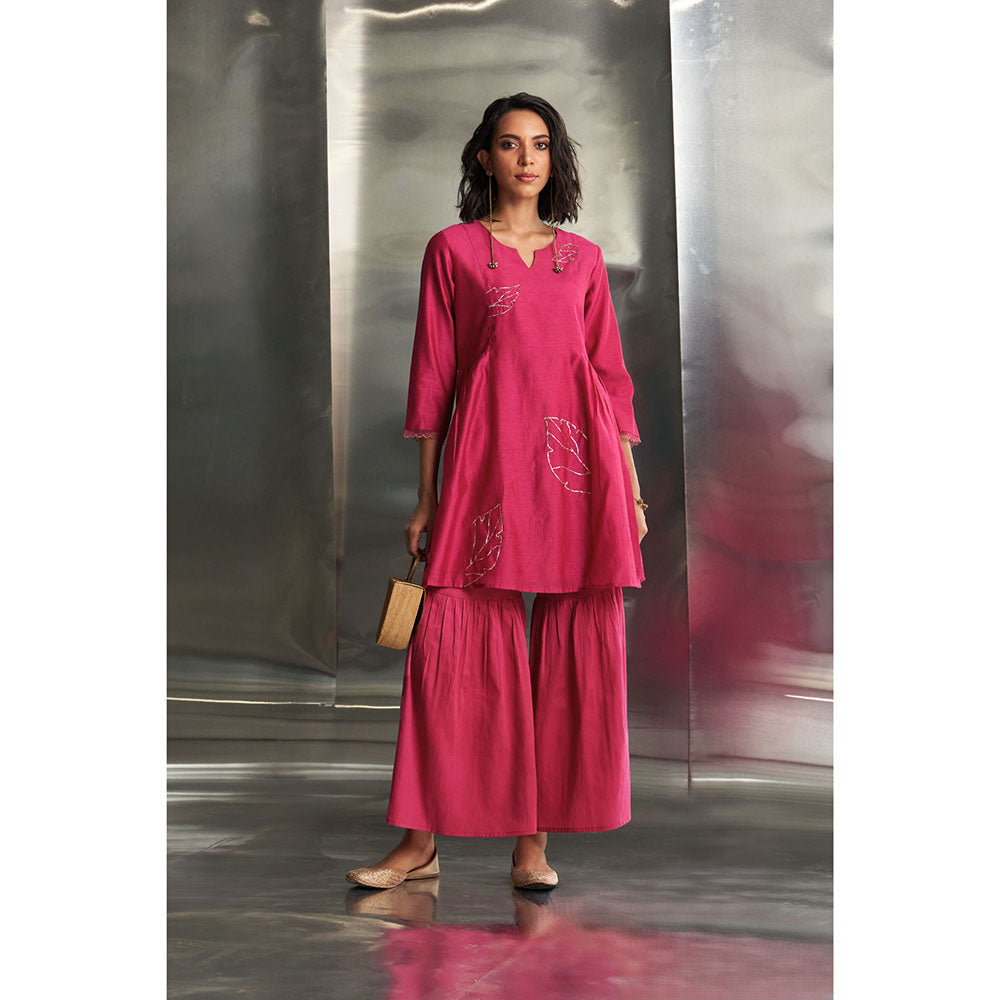 Charkhee Pop Pink Chanderi Straight Kurta with Sharara & Dupatta (Set of 3)