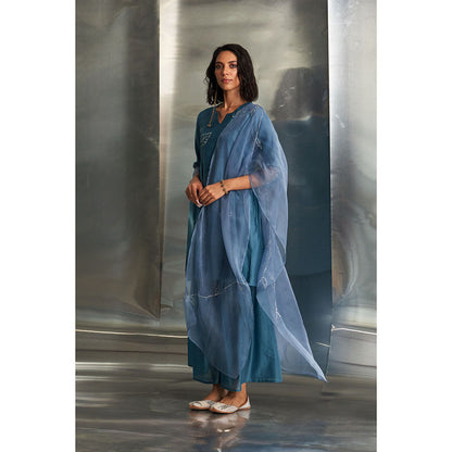 Charkhee Steel Blue Chanderi Straight Kurta Sharara Set (Set of 3)