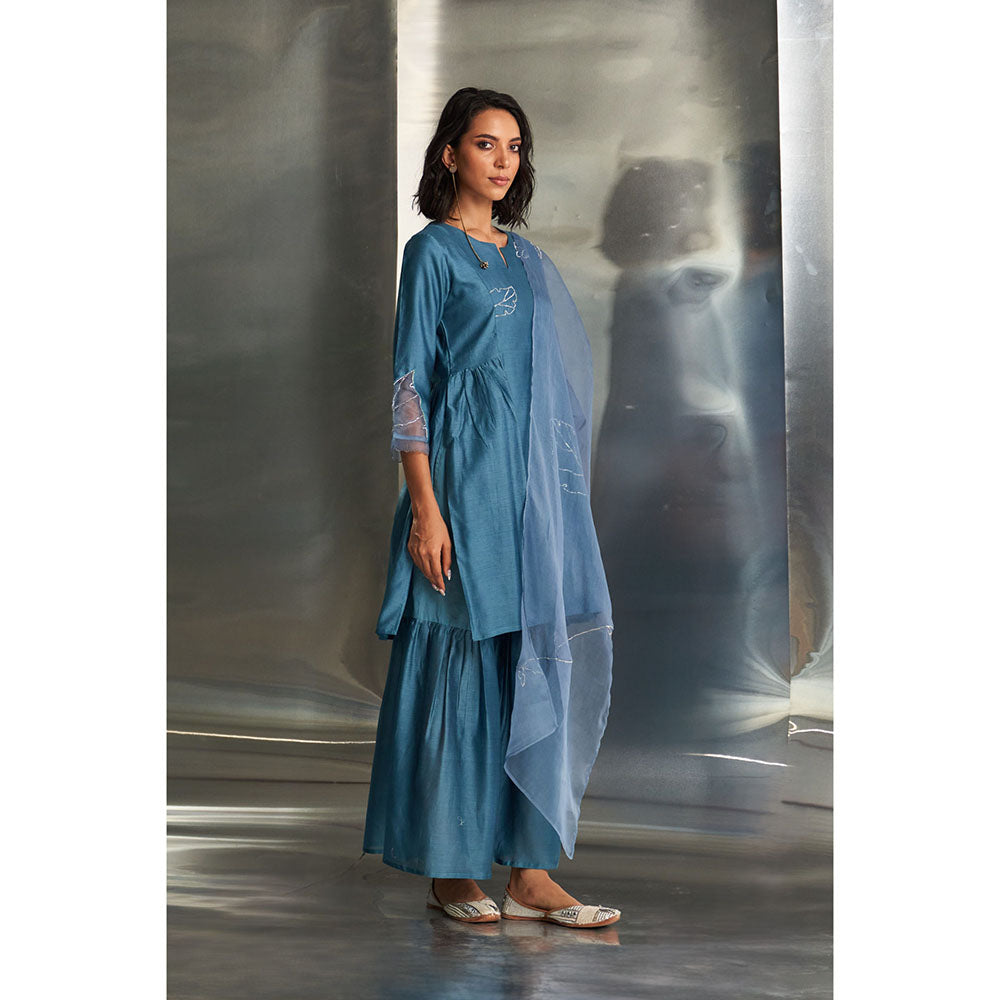 Charkhee Steel Blue Chanderi Straight Kurta Sharara Set (Set of 3)