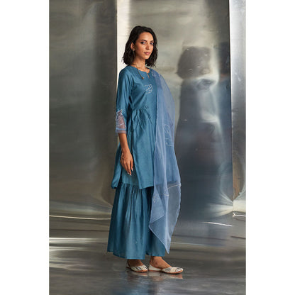 Charkhee Steel Blue Chanderi Straight Kurta Sharara Set (Set of 3)