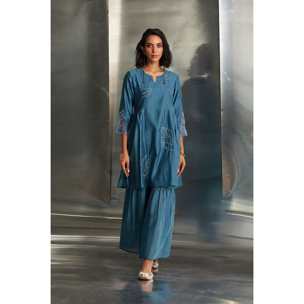 Charkhee Steel Blue Chanderi Straight Kurta Sharara Set (Set of 3)