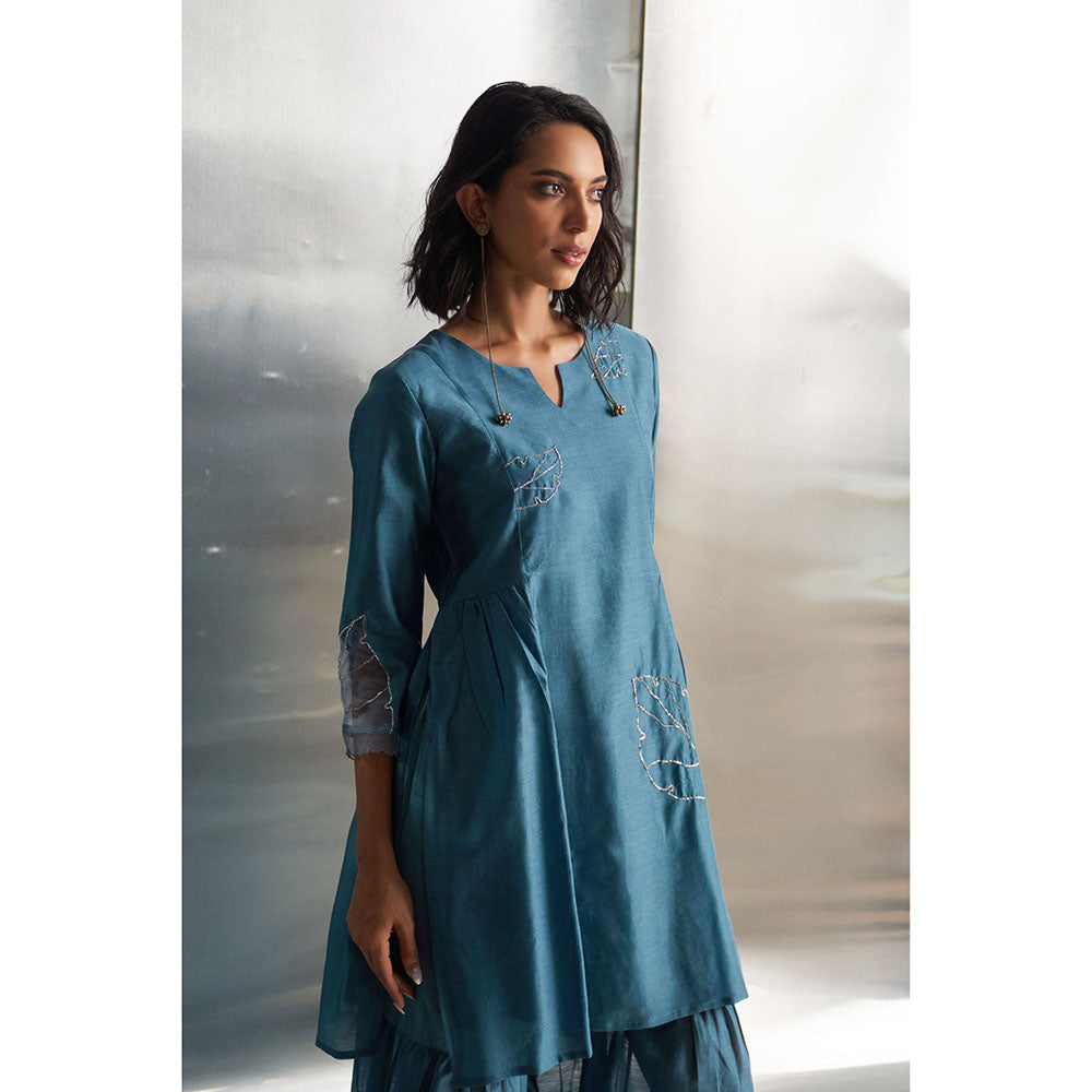 Charkhee Steel Blue Chanderi Straight Kurta Sharara Set (Set of 3)