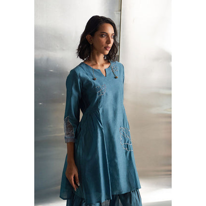 Charkhee Steel Blue Chanderi Straight Kurta Sharara Set (Set of 3)