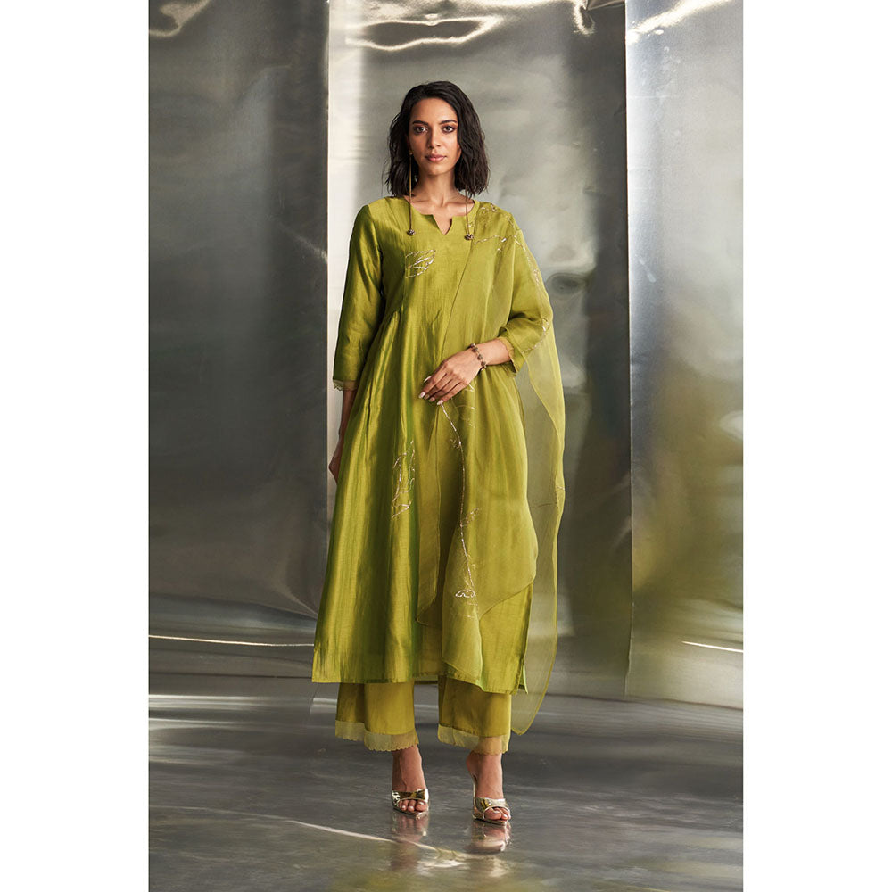 Charkhee Berry Green Side Gathered Kurta with Pant & Dupatta (Set of 3)