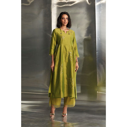 Charkhee Berry Green Side Gathered Kurta with Pant & Dupatta (Set of 3)