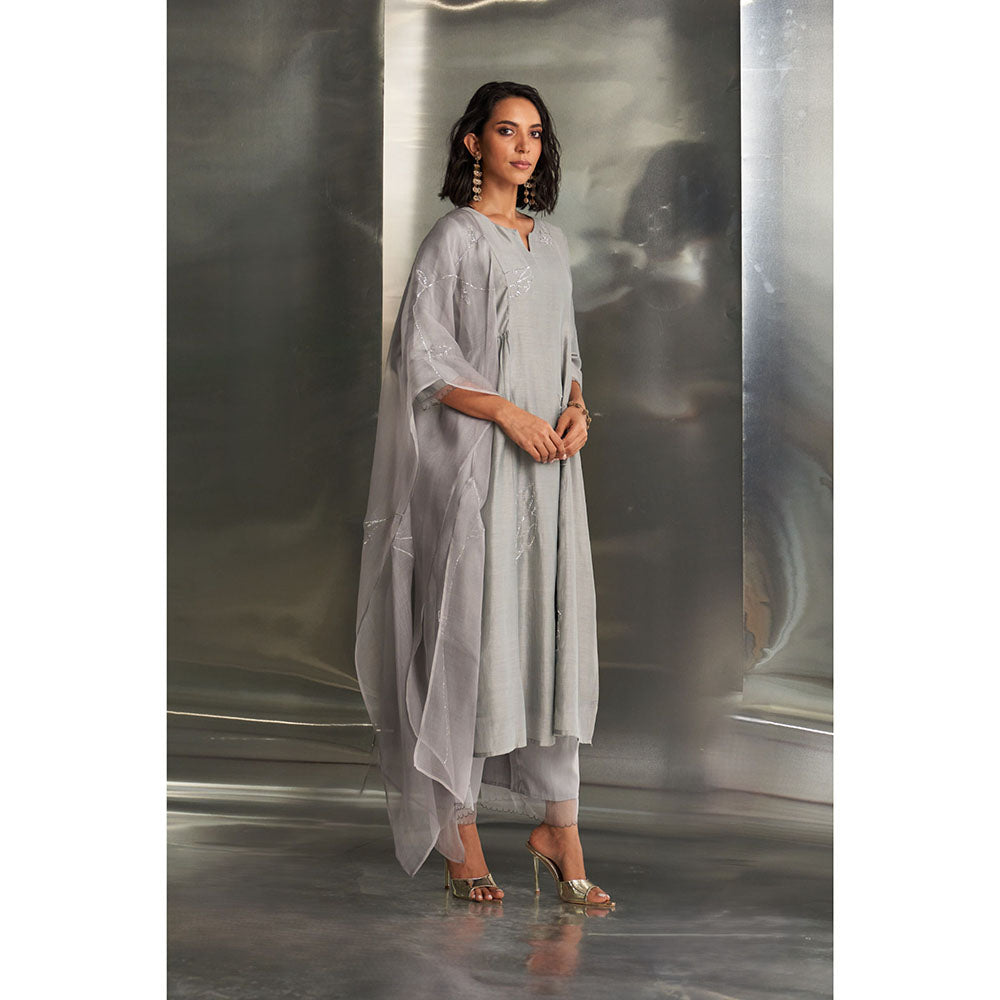 Charkhee Steel Grey Side Gathered Kurta with Pant & Dupatta (Set of 3)