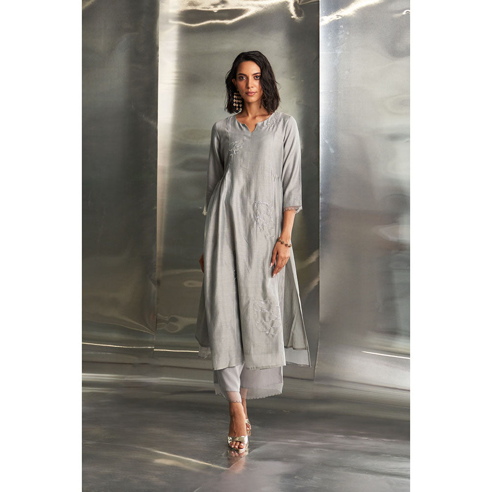 Charkhee Steel Grey Side Gathered Kurta with Pant & Dupatta (Set of 3)