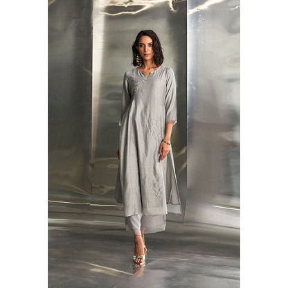 Charkhee Steel Grey Side Gathered Kurta with Pant & Dupatta (Set of 3)
