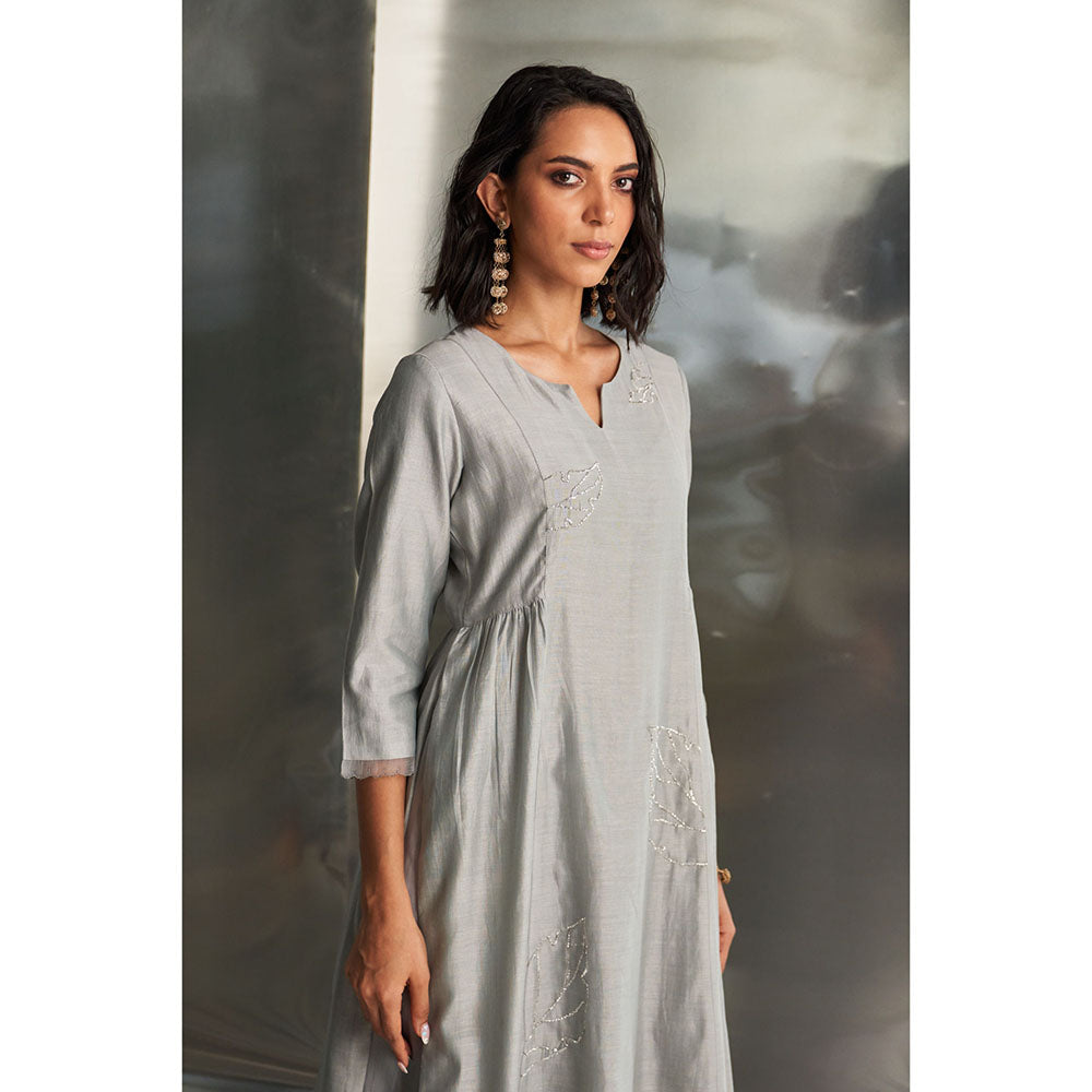 Charkhee Steel Grey Side Gathered Kurta with Pant & Dupatta (Set of 3)