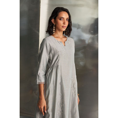 Charkhee Steel Grey Side Gathered Kurta with Pant & Dupatta (Set of 3)
