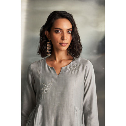 Charkhee Steel Grey Side Gathered Kurta with Pant & Dupatta (Set of 3)