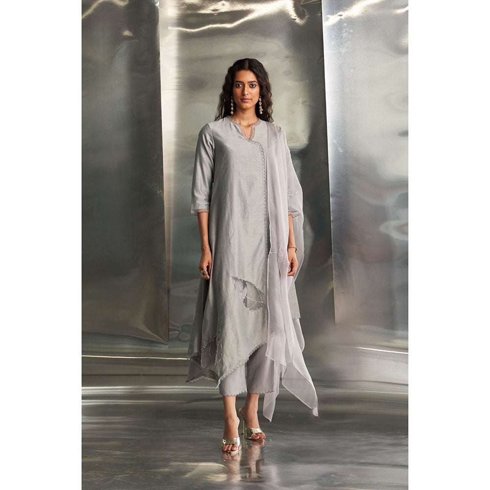 Charkhee Steel Grey Chanderi Asymmetrical Kurta with Pant & Dupatta (Set of 3)
