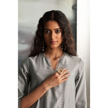 Charkhee Steel Grey Chanderi Asymmetrical Kurta with Pant & Dupatta (Set of 3)