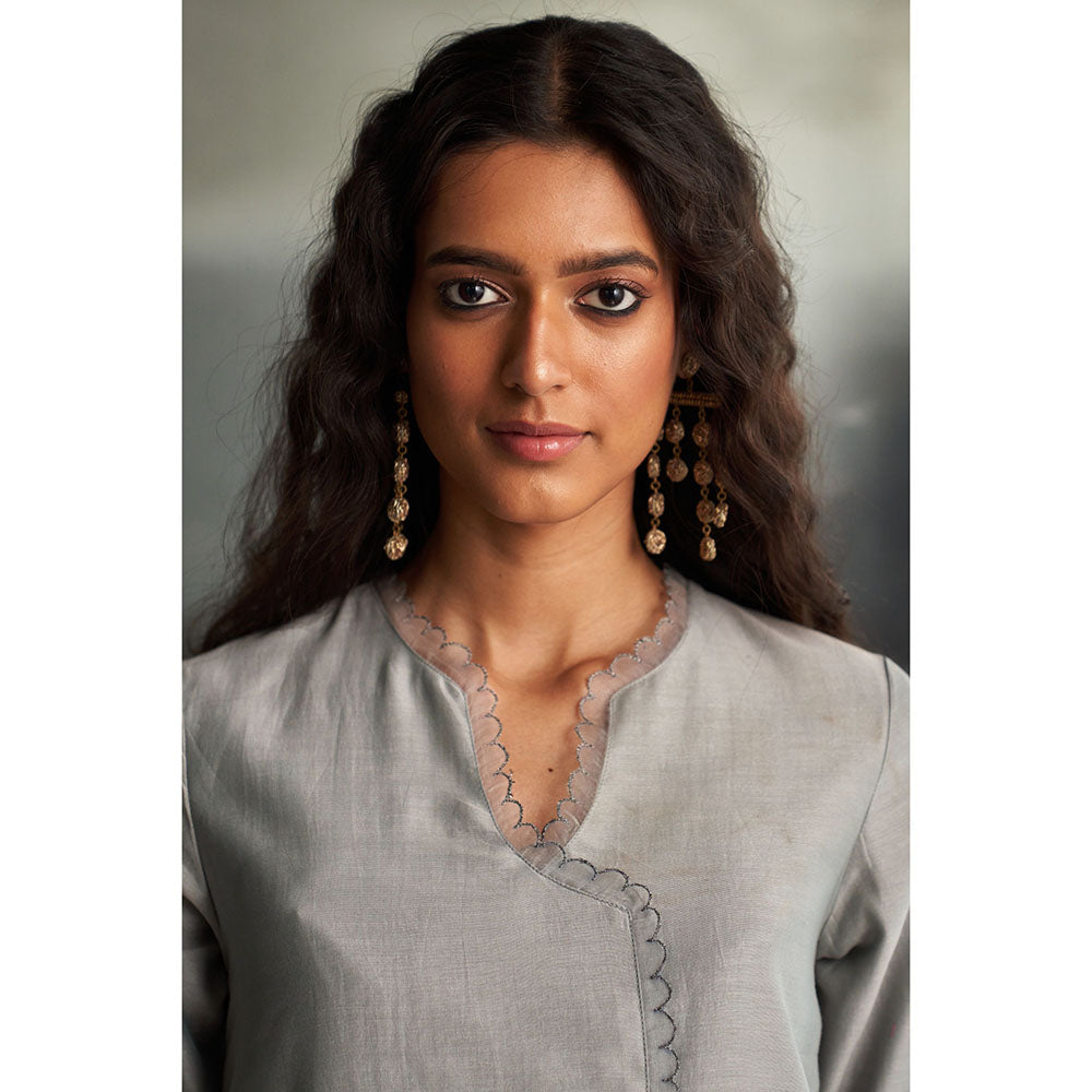 Charkhee Steel Grey Chanderi Asymmetrical Kurta with Pant & Dupatta (Set of 3)