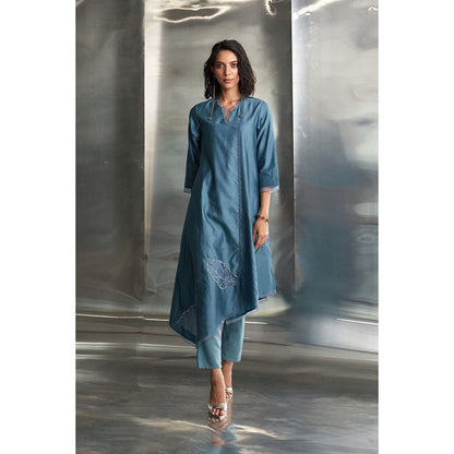 Charkhee Steel Blue Chanderi Asymmetrical Kurta with Pant & Dupatta (Set of 3)